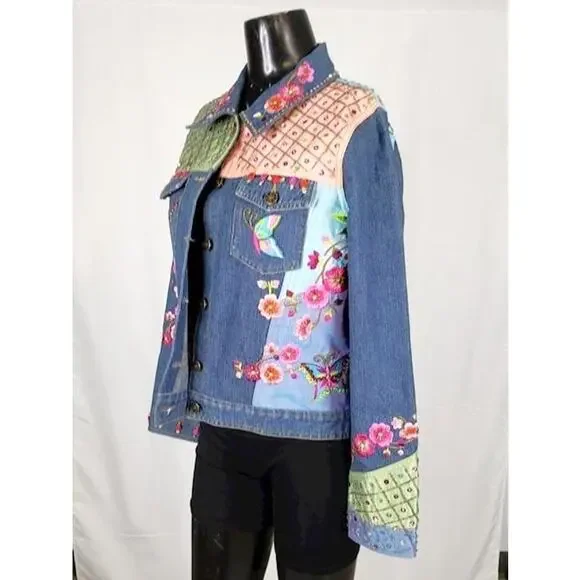 Vintage Berek2 Floral Butterfly Embroidered Sequin Beaded Jean Jacket - Picture 8 of 8